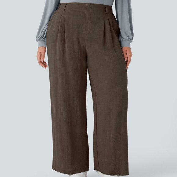 NEW HALARA 1X DARK EARTHY BROWN LINEN FEEL HIGH WAIST WIDE LEG POCKETS PANTS - Picture 2 of 4